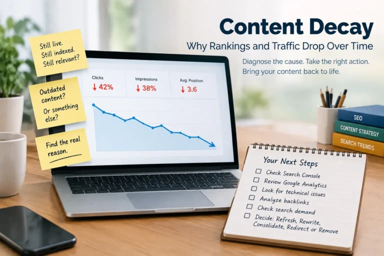 Content decay SEO illustration showing declining search rankings and organic traffic with options to refresh, rewrite, consolidate, redirect, or remove content.