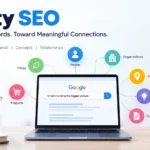 Entity SEO illustration showing how search engines understand topics, relationships, and context beyond keywords.