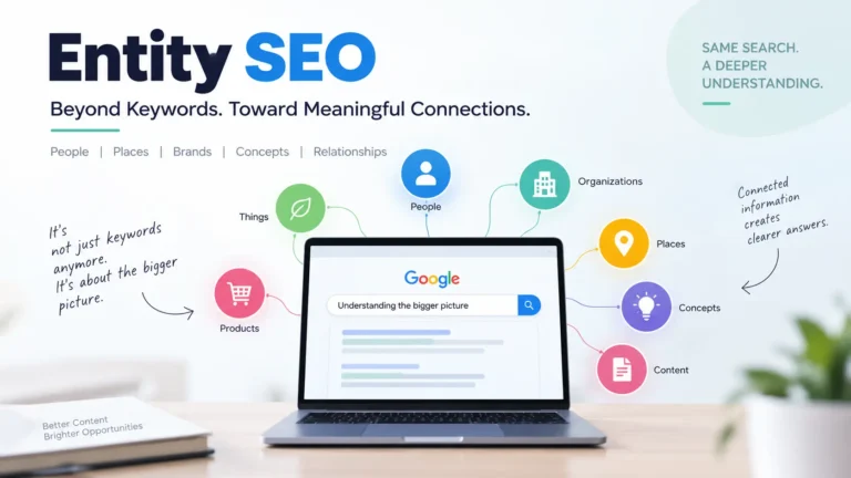 Entity SEO illustration showing how search engines understand topics, relationships, and context beyond keywords.