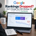 Google rankings dropped illustration showing Search Console data and an SEO strategy analysis.