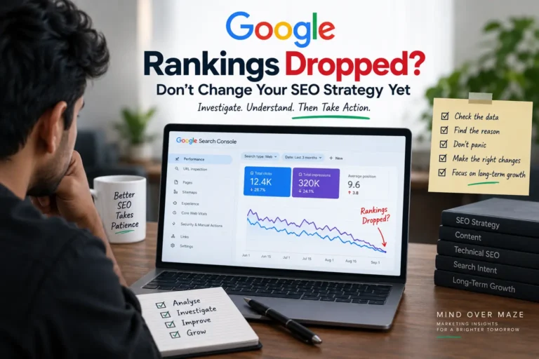 Google rankings dropped illustration showing Search Console data and an SEO strategy analysis.
