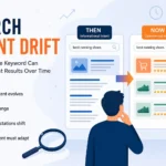 Search intent drift SEO illustration showing how the same keyword can lead to different search results as user intent and SERPs change.