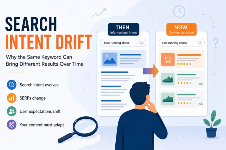 Search intent drift SEO illustration showing how the same keyword can lead to different search results as user intent and SERPs change.