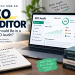 SEO audit illustration showing technical SEO, indexing, content quality, internal linking, performance, and recommendations.