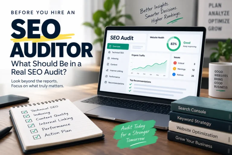 SEO audit illustration showing technical SEO, indexing, content quality, internal linking, performance, and recommendations.