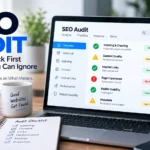 SEO audit illustration showing a website audit dashboard with indexing, content, internal links, performance, and priority checks.