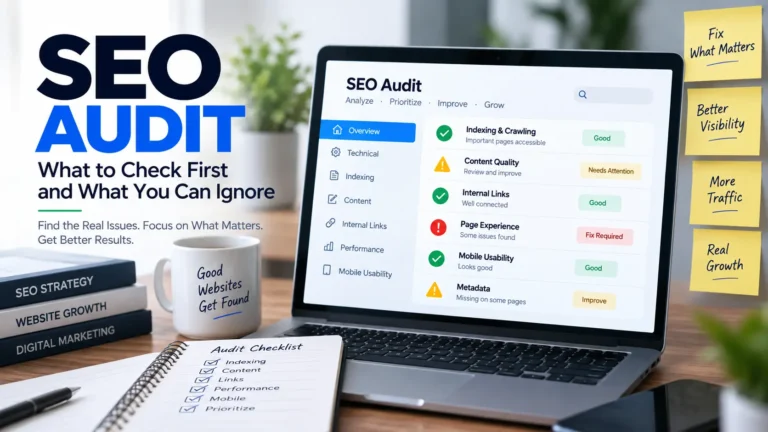 SEO audit illustration showing a website audit dashboard with indexing, content, internal links, performance, and priority checks.