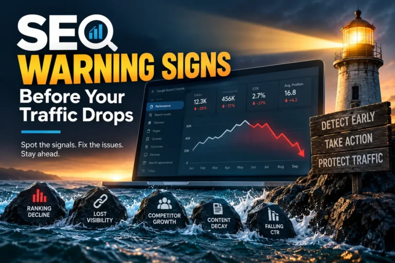 SEO warning signs showing declining search rankings, traffic, CTR, and visibility before an organic traffic drop.
