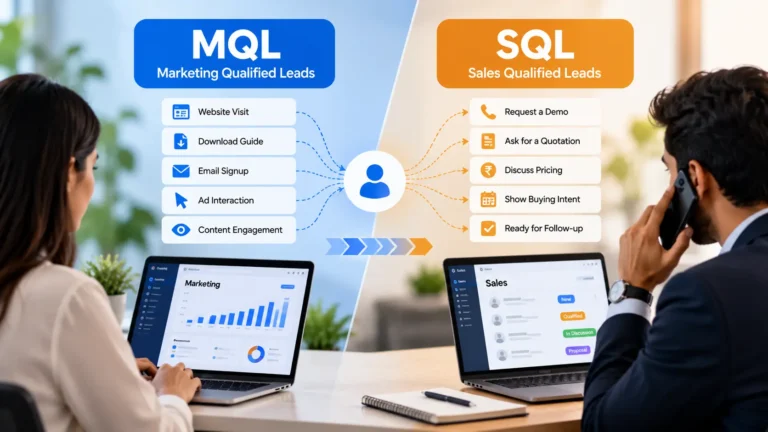 Marketing Qualified Leads vs Sales Qualified Leads, showing the lead qualification process from marketing engagement to sales readiness.