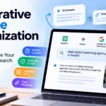 Generative Engine Optimization (GEO) infographic showing AI search platforms, citations, website visibility, and key SEO strategies.