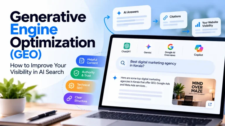 Generative Engine Optimization (GEO) infographic showing AI search platforms, citations, website visibility, and key SEO strategies.