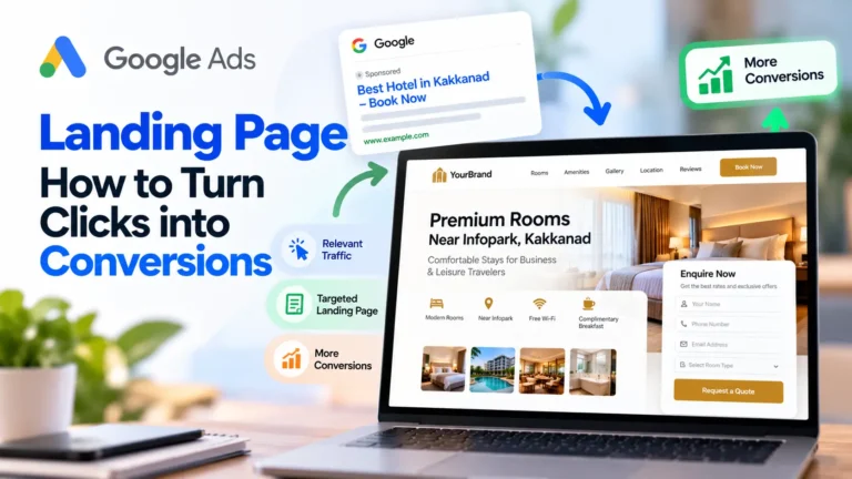 Google Ads landing page design showing a hotel website with an enquiry form, relevant traffic, and conversion-focused elements.