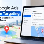 Google Ads location targeting settings showing selected locations and a radius around Kochi to reach customers in the right areas.