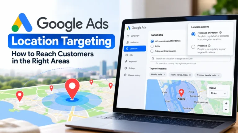Google Ads location targeting settings showing selected locations and a radius around Kochi to reach customers in the right areas.