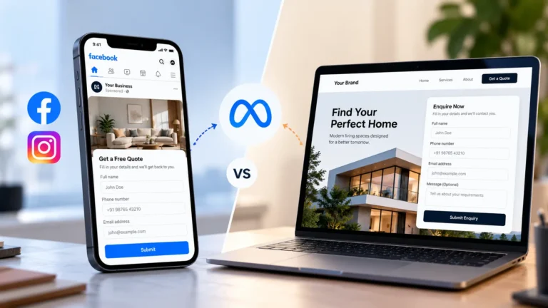 Meta Instant Forms vs landing pages for lead generation, shown on a smartphone and laptop.
