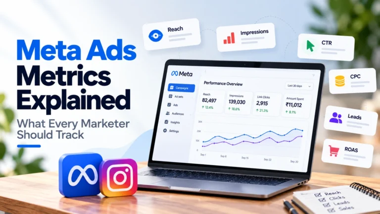 Meta Ads metrics dashboard showing reach, impressions, CTR, CPC, leads, and ROAS